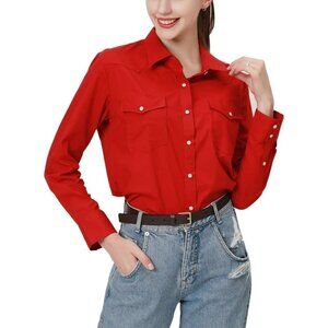 Red Pure Cotton Long Sleeve Western Shirts for Women's with Snap Buttons Plaid